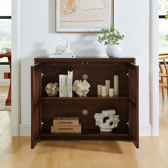 Alt view image 4 of 7 - 39.4" Mid Century Modern Rattan Sideboard Buffet Cabinet with 2 Outlet Holes, Coffee Bar Wine Bar Credenza, Retro Storage Cabinet for Entryway, Hallway, Living Room, Kitchen, Dining Room, Walnut