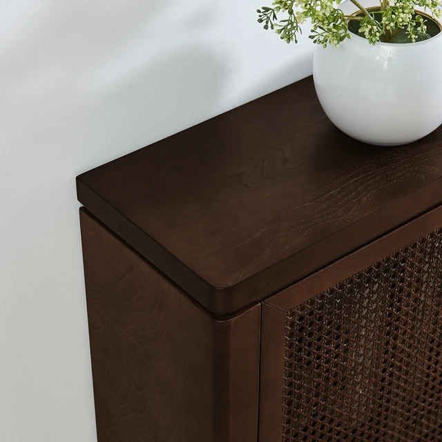 Alt view image 6 of 7 - 39.4" Mid Century Modern Rattan Sideboard Buffet Cabinet with 2 Outlet Holes, Coffee Bar Wine Bar Credenza, Retro Storage Cabinet for Entryway, Hallway, Living Room, Kitchen, Dining Room, Walnut