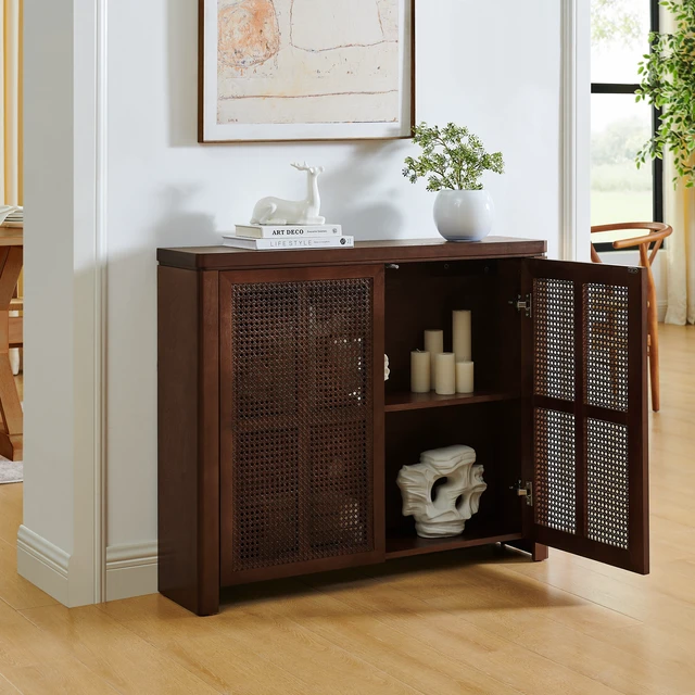 Alt view image 3 of 7 - 39.4" Mid Century Modern Rattan Sideboard Buffet Cabinet with 2 Outlet Holes, Coffee Bar Wine Bar Credenza, Retro Storage Cabinet for Entryway, Hallway, Living Room, Kitchen, Dining Room, Walnut