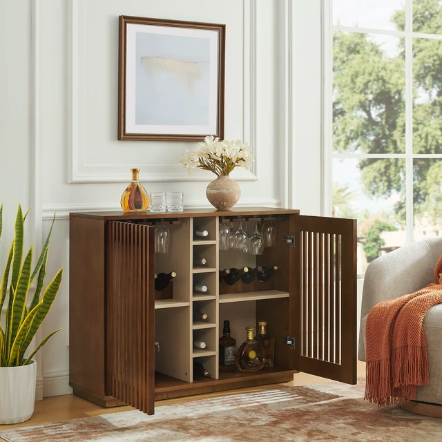 Alt view image 3 of 7 - Mid Century Modern Fluted Hollowed Out Liquor Cabinet, Buffet Cabinet with Wine Glass Holder & Wine Rack, Storage Cabinet for Living Room, Entryway, Hallway, Dining Room, Kitchen