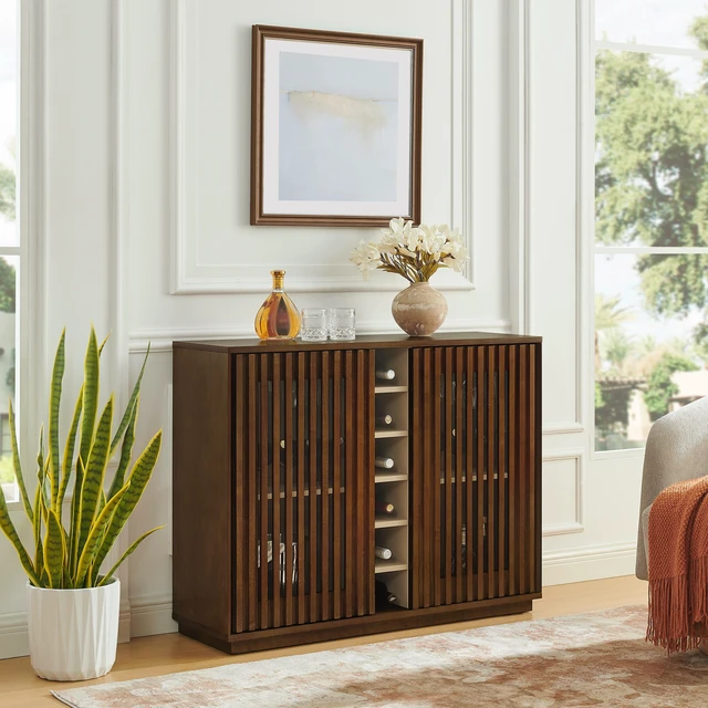 Main image of Mid Century Modern Fluted Hollowed Out Liquor Cabinet, Buffet Cabinet with Wine Glass Holder & Wine Rack, Storage Cabinet for Living Room, Entryway, Hallway, Dining Room, Kitchen