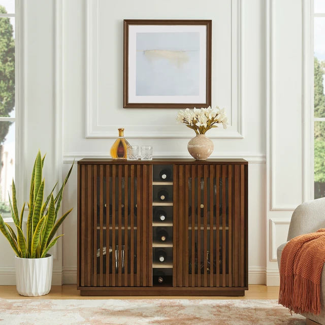Alt view image 2 of 7 - Mid Century Modern Fluted Hollowed Out Liquor Cabinet, Buffet Cabinet with Wine Glass Holder & Wine Rack, Storage Cabinet for Living Room, Entryway, Hallway, Dining Room, Kitchen
