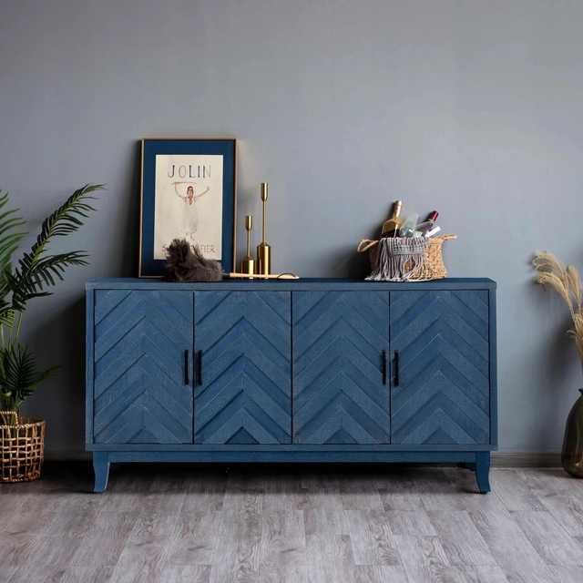Main image of Retroy Vintage 4-Door Credenza Cabinet - 60" Navy Blue Storage Buffet with M-Shaped Panel Doors, Solid Wood Base for Dining Room & Living Room