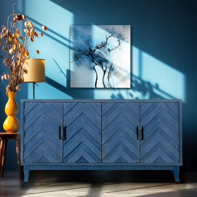 Alt view image 4 of 7 - Retroy Vintage 4-Door Credenza Cabinet - 60" Navy Blue Storage Buffet with M-Shaped Panel Doors, Solid Wood Base for Dining Room & Living Room