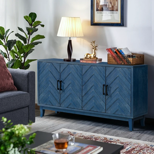 Alt view image 2 of 7 - Retroy Vintage 4-Door Credenza Cabinet - 60" Navy Blue Storage Buffet with M-Shaped Panel Doors, Solid Wood Base for Dining Room & Living Room