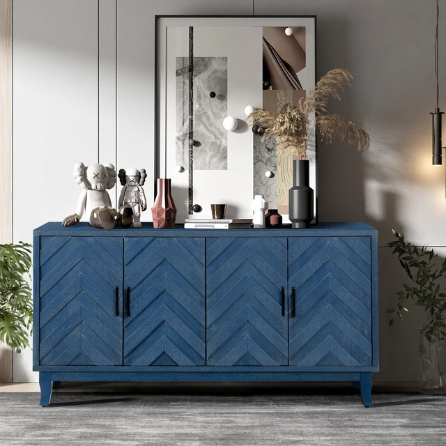 Alt view image 3 of 7 - Retroy Vintage 4-Door Credenza Cabinet - 60" Navy Blue Storage Buffet with M-Shaped Panel Doors, Solid Wood Base for Dining Room & Living Room