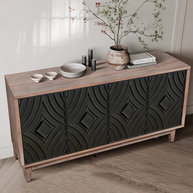 Alt view image 2 of 7 - Mid Century Sideboard Buffet Cabinet with Solid Wood Legs 60" Kitchen Storage Cabinet Credenza with 4 Convex pattern diamond Doors and 2 Shelves Accent Console Table for Living Room Entrance Hall etc