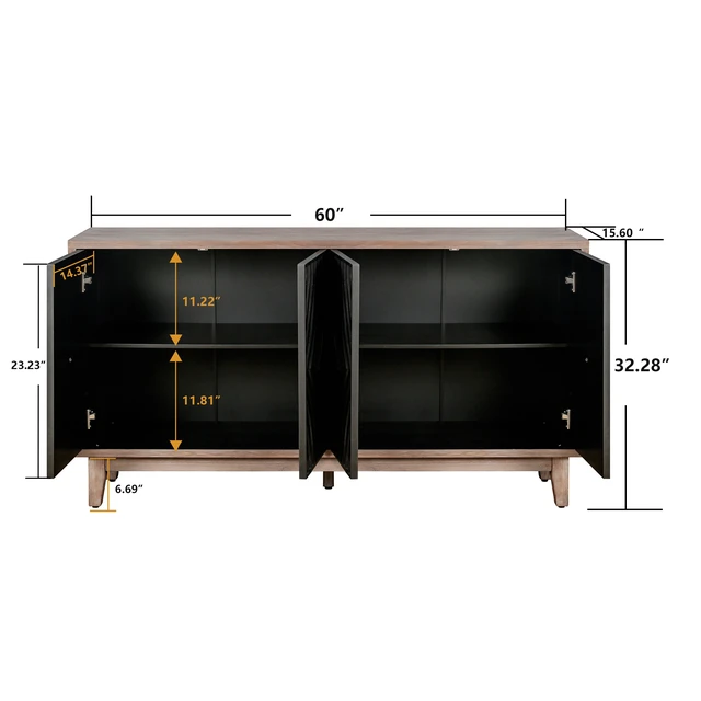 Alt view image 5 of 7 - Mid Century Sideboard Buffet Cabinet with Solid Wood Legs 60" Kitchen Storage Cabinet Credenza with 4 Convex pattern diamond Doors and 2 Shelves Accent Console Table for Living Room Entrance Hall etc
