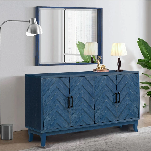 Alt view image 6 of 7 - Retroy Vintage 4-Door Credenza Cabinet - 60" Navy Blue Storage Buffet with M-Shaped Panel Doors, Solid Wood Base for Dining Room & Living Room