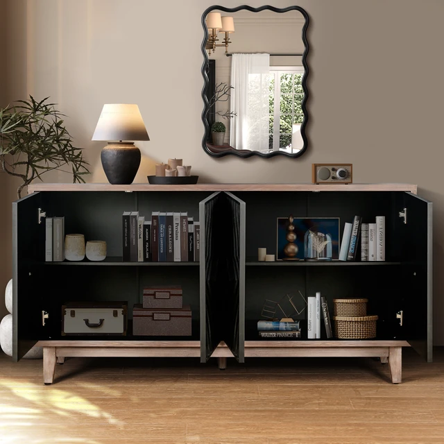 Alt view image 4 of 7 - Mid Century Sideboard Buffet Cabinet with Solid Wood Legs 60" Kitchen Storage Cabinet Credenza with 4 Convex pattern diamond Doors and 2 Shelves Accent Console Table for Living Room Entrance Hall etc
