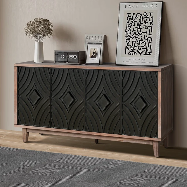 Alt view image 3 of 7 - Mid Century Sideboard Buffet Cabinet with Solid Wood Legs 60" Kitchen Storage Cabinet Credenza with 4 Convex pattern diamond Doors and 2 Shelves Accent Console Table for Living Room Entrance Hall etc