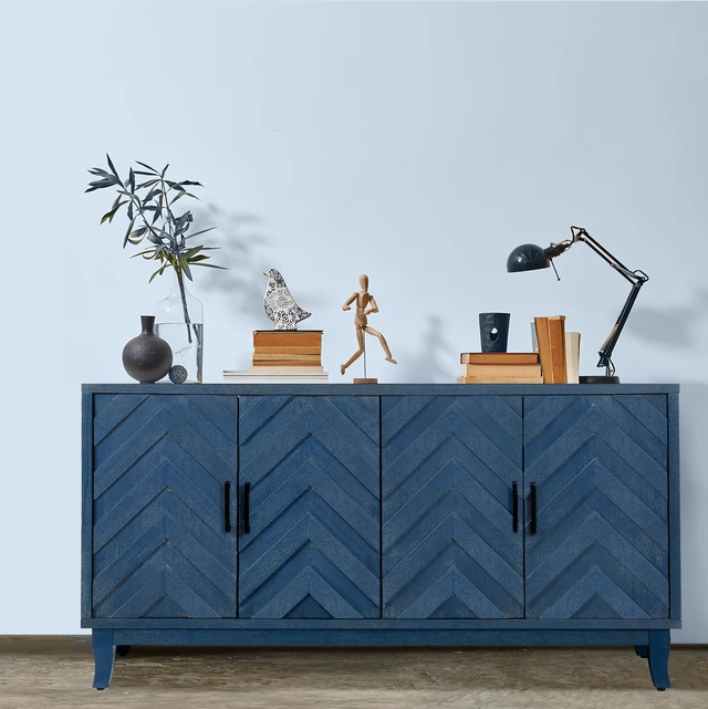Alt view image 5 of 7 - Retroy Vintage 4-Door Credenza Cabinet - 60" Navy Blue Storage Buffet with M-Shaped Panel Doors, Solid Wood Base for Dining Room & Living Room