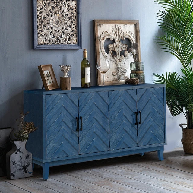 Alt view image 7 of 7 - Retroy Vintage 4-Door Credenza Cabinet - 60" Navy Blue Storage Buffet with M-Shaped Panel Doors, Solid Wood Base for Dining Room & Living Room