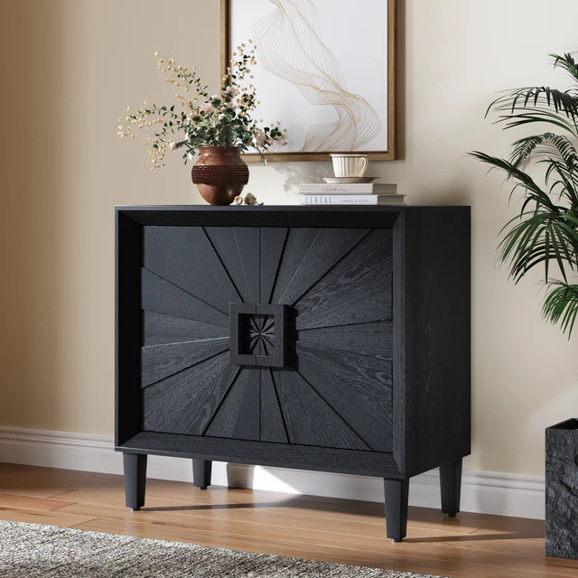 Alt view image 2 of 7 - Mid-Century Modula Credenza Sideboard Buffet, 31.5" Black Small Space Storage Cabinet with Symmetrical Sunburst Doors, 2-Door Accent Cabinet with Adjustable Shelves for Dining Room, Entryway & Hallway