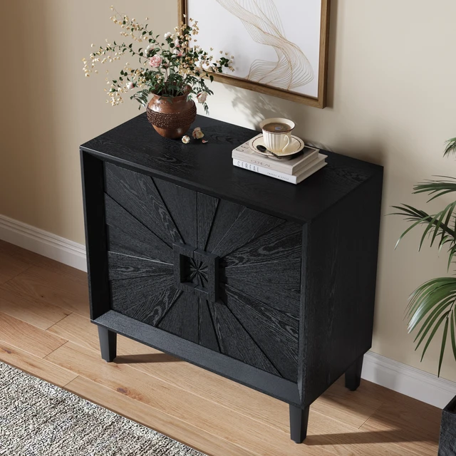 Alt view image 3 of 7 - Mid-Century Modula Credenza Sideboard Buffet, 31.5" Black Small Space Storage Cabinet with Symmetrical Sunburst Doors, 2-Door Accent Cabinet with Adjustable Shelves for Dining Room, Entryway & Hallway