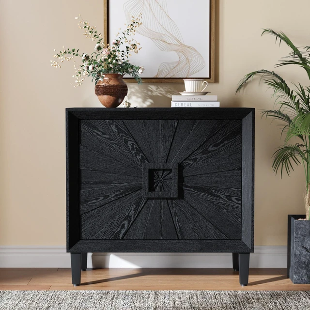 Main image of Mid-Century Modula Credenza Sideboard Buffet, 31.5" Black Small Space Storage Cabinet with Symmetrical Sunburst Doors, 2-Door Accent Cabinet with Adjustable Shelves for Dining Room, Entryway & Hallway
