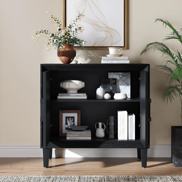 Alt view image 4 of 7 - Mid-Century Modula Credenza Sideboard Buffet, 31.5" Black Small Space Storage Cabinet with Symmetrical Sunburst Doors, 2-Door Accent Cabinet with Adjustable Shelves for Dining Room, Entryway & Hallway