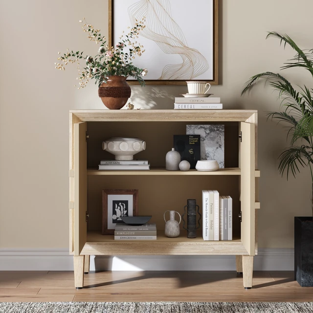Alt view image 2 of 7 - 31.5" Antique Natural Mid-Century Modular Credenza Sideboard Buffet, Small Space Cabinet with Symmetrical Sunburst Doors, Accent Cabinet with Adjustable Shelves for Dining Room, Entryway & Hallway