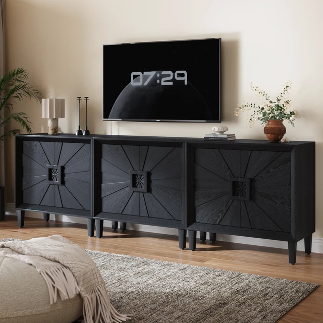 Alt view image 6 of 7 - Mid-Century Modula Credenza Sideboard Buffet, 31.5" Black Small Space Storage Cabinet with Symmetrical Sunburst Doors, 2-Door Accent Cabinet with Adjustable Shelves for Dining Room, Entryway & Hallway