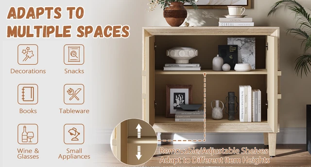 Alt view image 5 of 7 - 31.5" Antique Natural Mid-Century Modular Credenza Sideboard Buffet, Small Space Cabinet with Symmetrical Sunburst Doors, Accent Cabinet with Adjustable Shelves for Dining Room, Entryway & Hallway