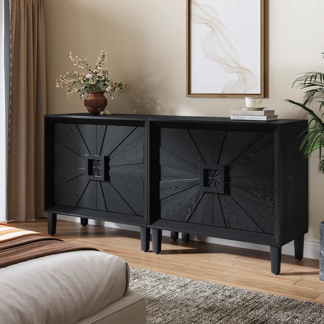Alt view image 5 of 7 - Mid-Century Modula Credenza Sideboard Buffet, 31.5" Black Small Space Storage Cabinet with Symmetrical Sunburst Doors, 2-Door Accent Cabinet with Adjustable Shelves for Dining Room, Entryway & Hallway