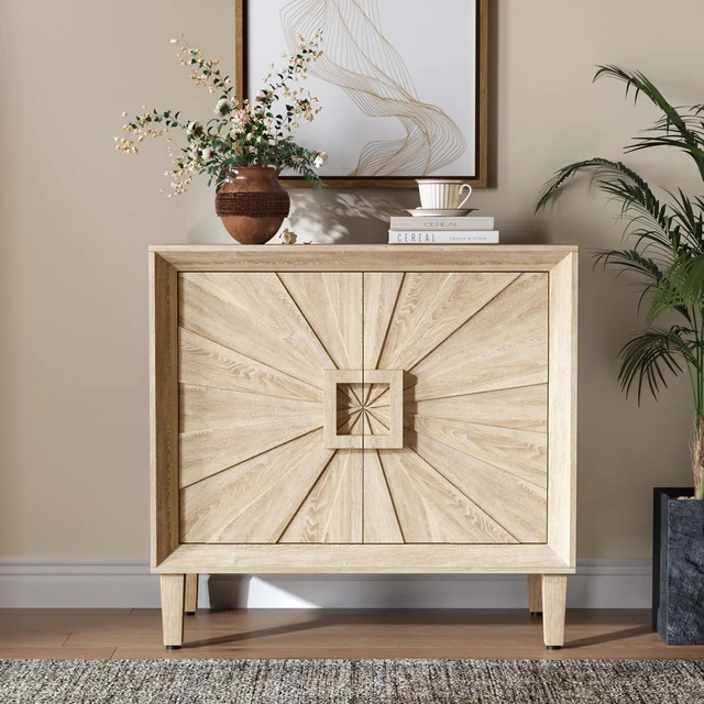 Main image of 31.5" Antique Natural Mid-Century Modular Credenza Sideboard Buffet, Small Space Cabinet with Symmetrical Sunburst Doors, Accent Cabinet with Adjustable Shelves for Dining Room, Entryway & Hallway