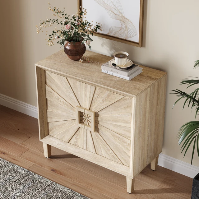 Alt view image 3 of 7 - 31.5" Antique Natural Mid-Century Modular Credenza Sideboard Buffet, Small Space Cabinet with Symmetrical Sunburst Doors, Accent Cabinet with Adjustable Shelves for Dining Room, Entryway & Hallway