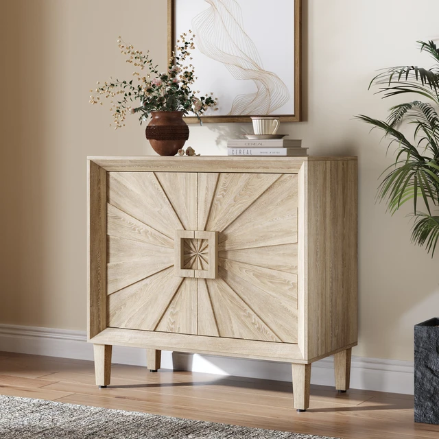 Alt view image 4 of 7 - 31.5" Antique Natural Mid-Century Modular Credenza Sideboard Buffet, Small Space Cabinet with Symmetrical Sunburst Doors, Accent Cabinet with Adjustable Shelves for Dining Room, Entryway & Hallway