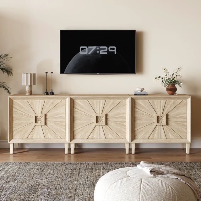 Alt view image 7 of 7 - 31.5" Antique Natural Mid-Century Modular Credenza Sideboard Buffet, Small Space Cabinet with Symmetrical Sunburst Doors, Accent Cabinet with Adjustable Shelves for Dining Room, Entryway & Hallway