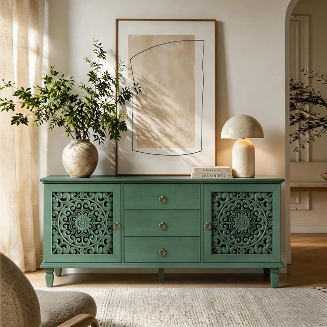 Main image of Farmhouse TV Stand with Hollow Carved Doors, Vintage Sideboard Buffet Storage Cabinet with 3 Drawers & Adjustable Shelves, Retro Freestanding Console Table for Living Room Dining Room Entryway
