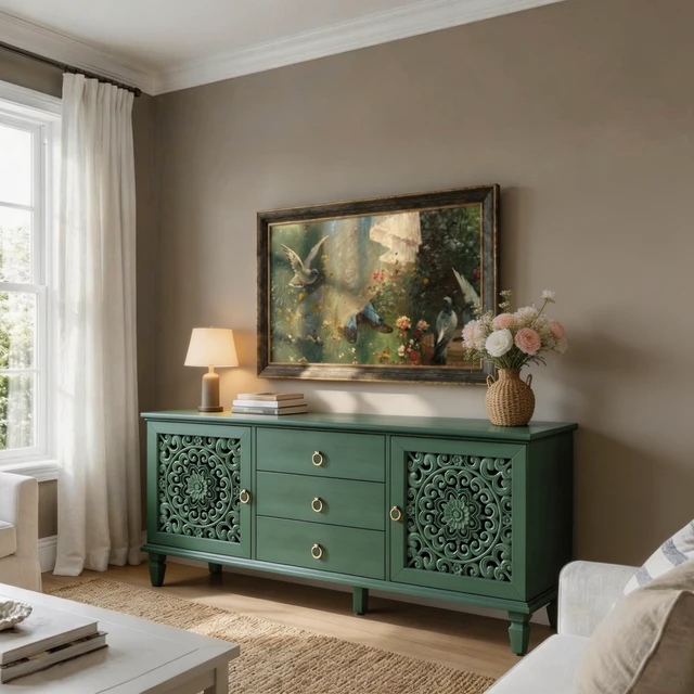 Alt view image 2 of 7 - Farmhouse TV Stand with Hollow Carved Doors, Vintage Sideboard Buffet Storage Cabinet with 3 Drawers & Adjustable Shelves, Retro Freestanding Console Table for Living Room Dining Room Entryway