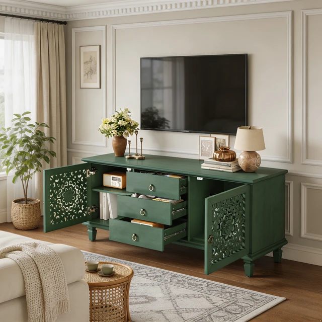 Alt view image 4 of 7 - Farmhouse TV Stand with Hollow Carved Doors, Vintage Sideboard Buffet Storage Cabinet with 3 Drawers & Adjustable Shelves, Retro Freestanding Console Table for Living Room Dining Room Entryway