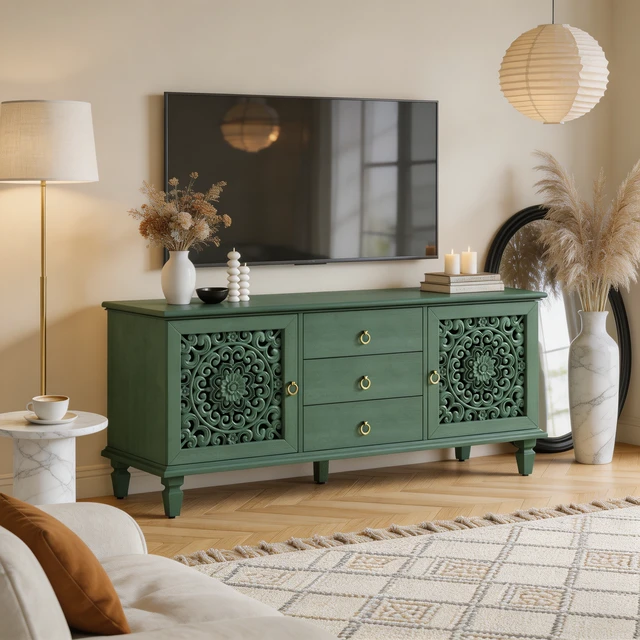Alt view image 3 of 7 - Farmhouse TV Stand with Hollow Carved Doors, Vintage Sideboard Buffet Storage Cabinet with 3 Drawers & Adjustable Shelves, Retro Freestanding Console Table for Living Room Dining Room Entryway