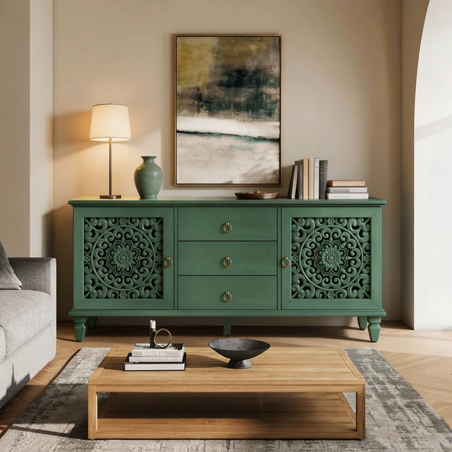 Alt view image 5 of 7 - Farmhouse TV Stand with Hollow Carved Doors, Vintage Sideboard Buffet Storage Cabinet with 3 Drawers & Adjustable Shelves, Retro Freestanding Console Table for Living Room Dining Room Entryway