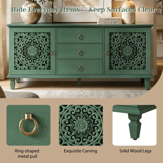Alt view image 6 of 7 - Farmhouse TV Stand with Hollow Carved Doors, Vintage Sideboard Buffet Storage Cabinet with 3 Drawers & Adjustable Shelves, Retro Freestanding Console Table for Living Room Dining Room Entryway