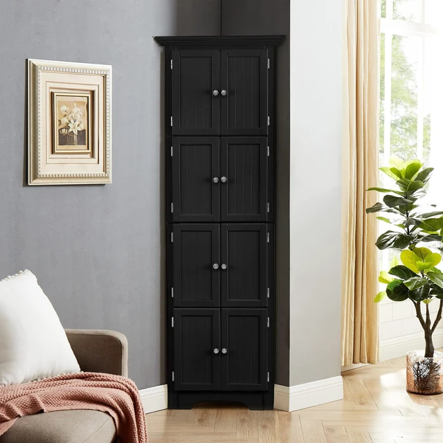 Main image of Tall Storage Cabinet with Doors and 4 Shelves for Living Room, Kitchen, Office, Bedroom, Bathroom, Modern, Black