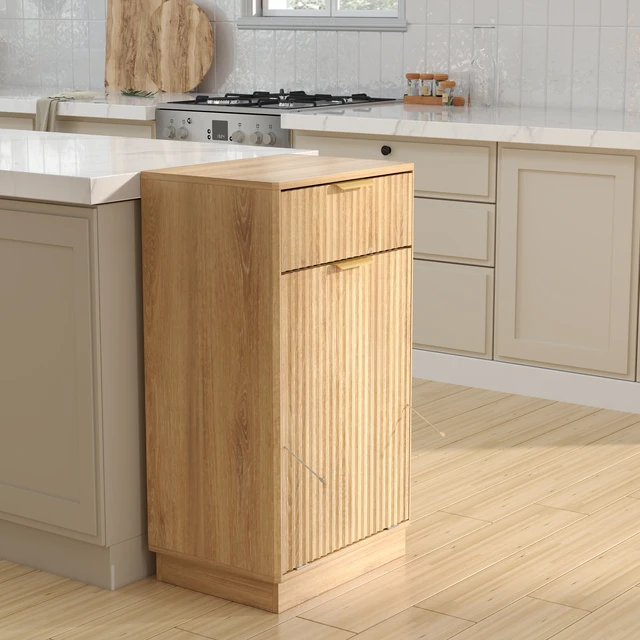 Alt view image 4 of 7 - 10-Gallon Woodgrain Tilt-Out Trash Can Cabinet with Wave-Textured Drawer & Pull-Out Bin - Multipurpose Kitchen/Bath Organizer in Oak Finish