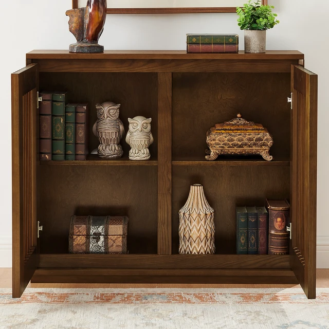 Alt view image 6 of 7 - Mid Century Modern Fluted Hollowed Out Sideboard Cabinet with 2 Outlet Holes, Buffet Cabinet with Storage, Walnut Storage Cabinet for Living Room, Entryway, Hallway, Dining Room, Kitchen