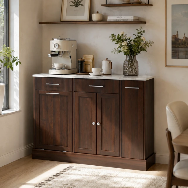 Alt view image 3 of 7 - Modern Sideboard Buffet Cabinet with White Faux Marble Top, Brown Wood Grain MDF Storage Cabinet with Drawers & Pull-Out Wine Rack, Freestanding Kitchen Dining Room Coffee Bar Cabinet