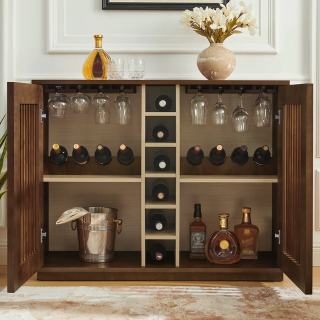 Alt view image 4 of 7 - Mid Century Modern Fluted Hollowed Out Liquor Cabinet, Buffet Cabinet with Wine Glass Holder & Wine Rack, Storage Cabinet for Living Room, Entryway, Hallway, Dining Room, Kitchen
