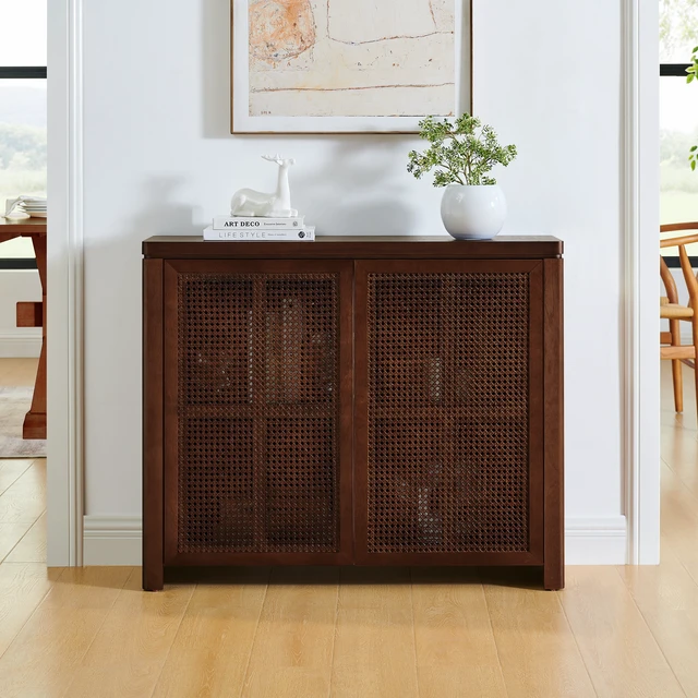 Alt view image 2 of 7 - 39.4" Mid Century Modern Rattan Sideboard Buffet Cabinet with 2 Outlet Holes, Coffee Bar Wine Bar Credenza, Retro Storage Cabinet for Entryway, Hallway, Living Room, Kitchen, Dining Room, Walnut