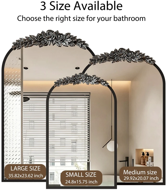 Alt view image 7 of 7 - Vintage Medicine Cabinet Mirror with Storage, 16" x 24" Arch Bathroom Wall Mount Mirror Cabinet with Carved Top, Recessed & Surface Mount Bathroom Cabinet with Adjustable Shelf & Jewelry Hooks, Black