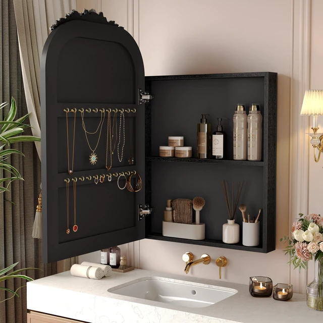 Alt view image 5 of 7 - Vintage Medicine Cabinet Mirror with Storage, 16" x 24" Arch Bathroom Wall Mount Mirror Cabinet with Carved Top, Recessed & Surface Mount Bathroom Cabinet with Adjustable Shelf & Jewelry Hooks, Black