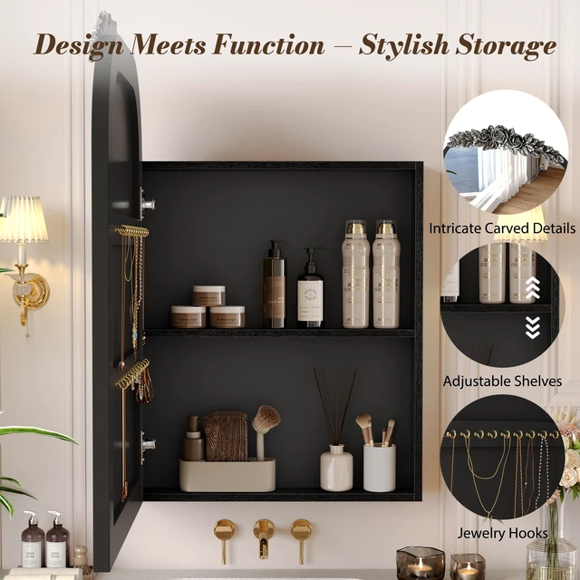 Alt view image 6 of 7 - Vintage Medicine Cabinet Mirror with Storage, 16" x 24" Arch Bathroom Wall Mount Mirror Cabinet with Carved Top, Recessed & Surface Mount Bathroom Cabinet with Adjustable Shelf & Jewelry Hooks, Black