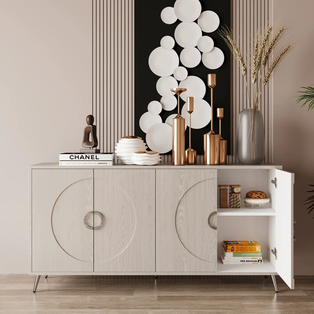 Alt view image 3 of 7 - Modern Lacquered 4 Door Wooden Cabinet Sideboard Buffet Server Cabinet Storage Cabinet, for Living Room, Entryway, Hallway, Office, Kitchen and Dining Room, Champagne Silver