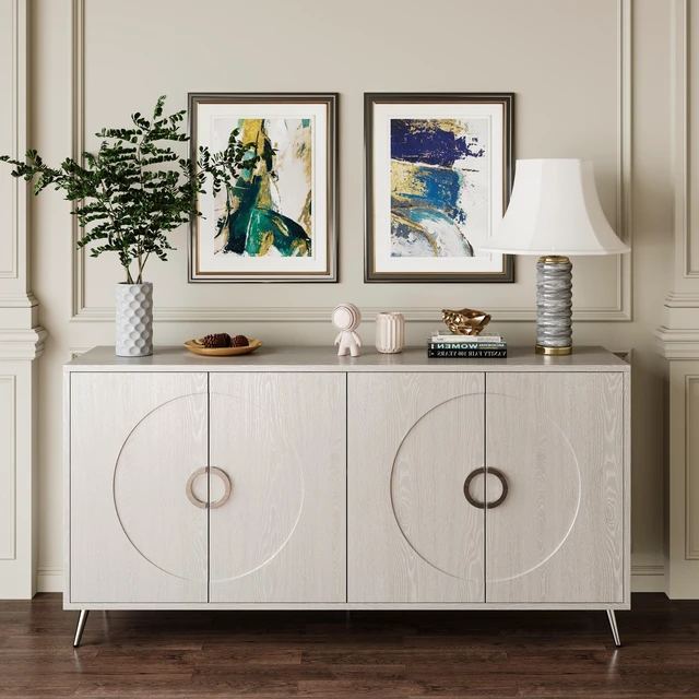 Main image of Modern Lacquered 4 Door Wooden Cabinet Sideboard Buffet Server Cabinet Storage Cabinet, for Living Room, Entryway, Hallway, Office, Kitchen and Dining Room, Champagne Silver