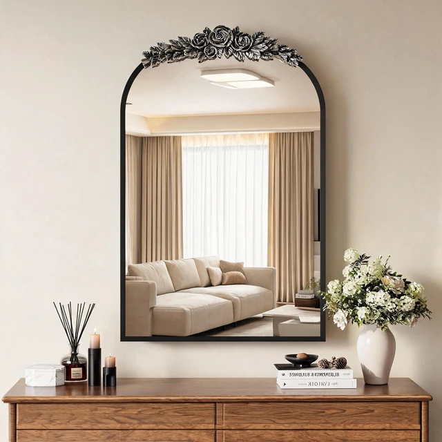 Alt view image 3 of 7 - Vintage Medicine Cabinet Mirror with Storage, 16" x 24" Arch Bathroom Wall Mount Mirror Cabinet with Carved Top, Recessed & Surface Mount Bathroom Cabinet with Adjustable Shelf & Jewelry Hooks, Black