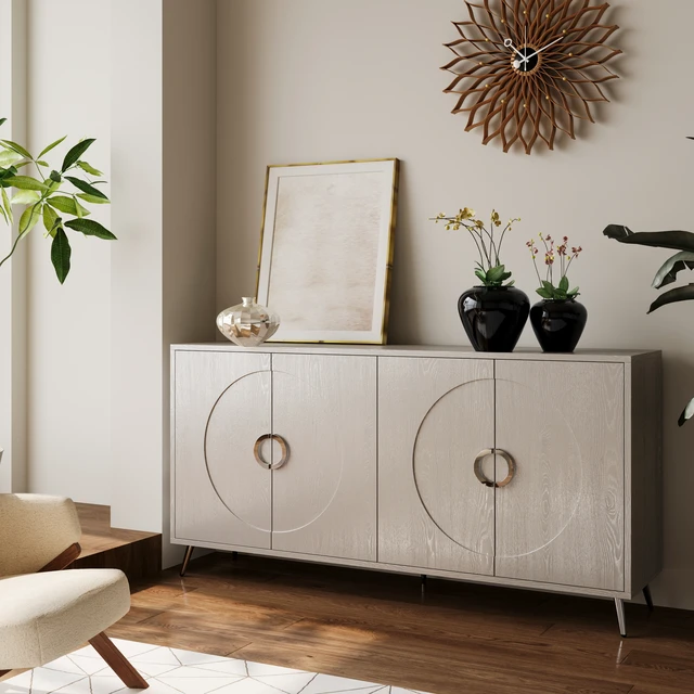 Alt view image 2 of 7 - Modern Lacquered 4 Door Wooden Cabinet Sideboard Buffet Server Cabinet Storage Cabinet, for Living Room, Entryway, Hallway, Office, Kitchen and Dining Room, Champagne Silver