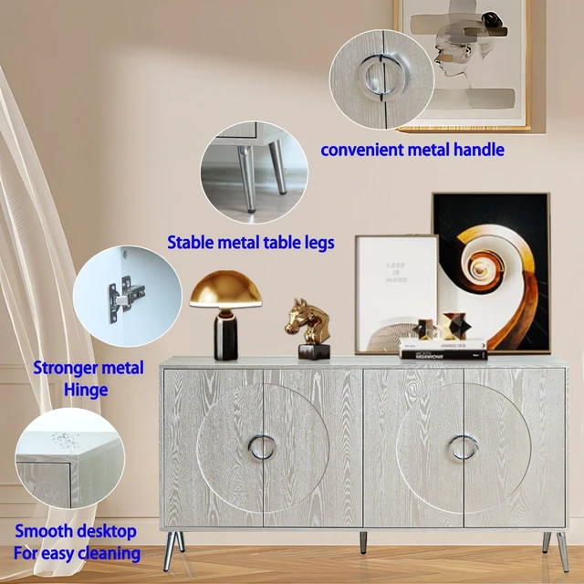Alt view image 6 of 7 - Modern Lacquered 4 Door Wooden Cabinet Sideboard Buffet Server Cabinet Storage Cabinet, for Living Room, Entryway, Hallway, Office, Kitchen and Dining Room, Champagne Silver