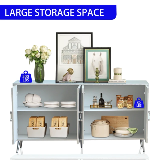 Alt view image 7 of 7 - Modern Lacquered 4 Door Wooden Cabinet Sideboard Buffet Server Cabinet Storage Cabinet, for Living Room, Entryway, Hallway, Office, Kitchen and Dining Room, Champagne Silver